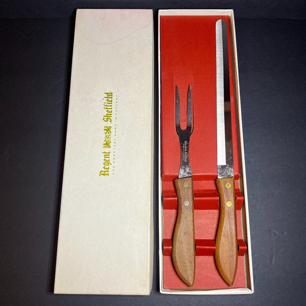 Vintage Regent Sheffield Wooden Handle Stainless Steel Carving Knife & Fork Set